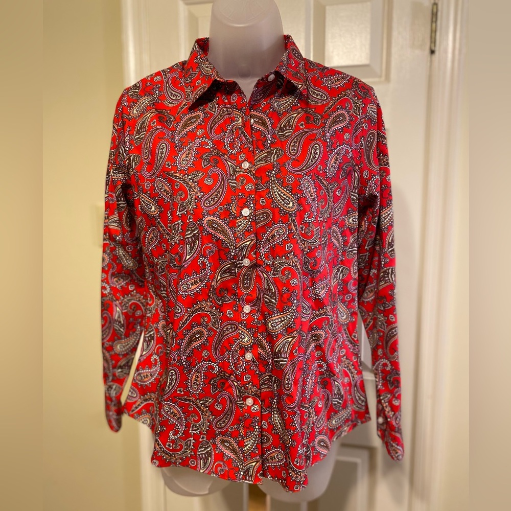NWOT Lands End - Woman’s red/black/purple paisley button down shirt, Size: 6P